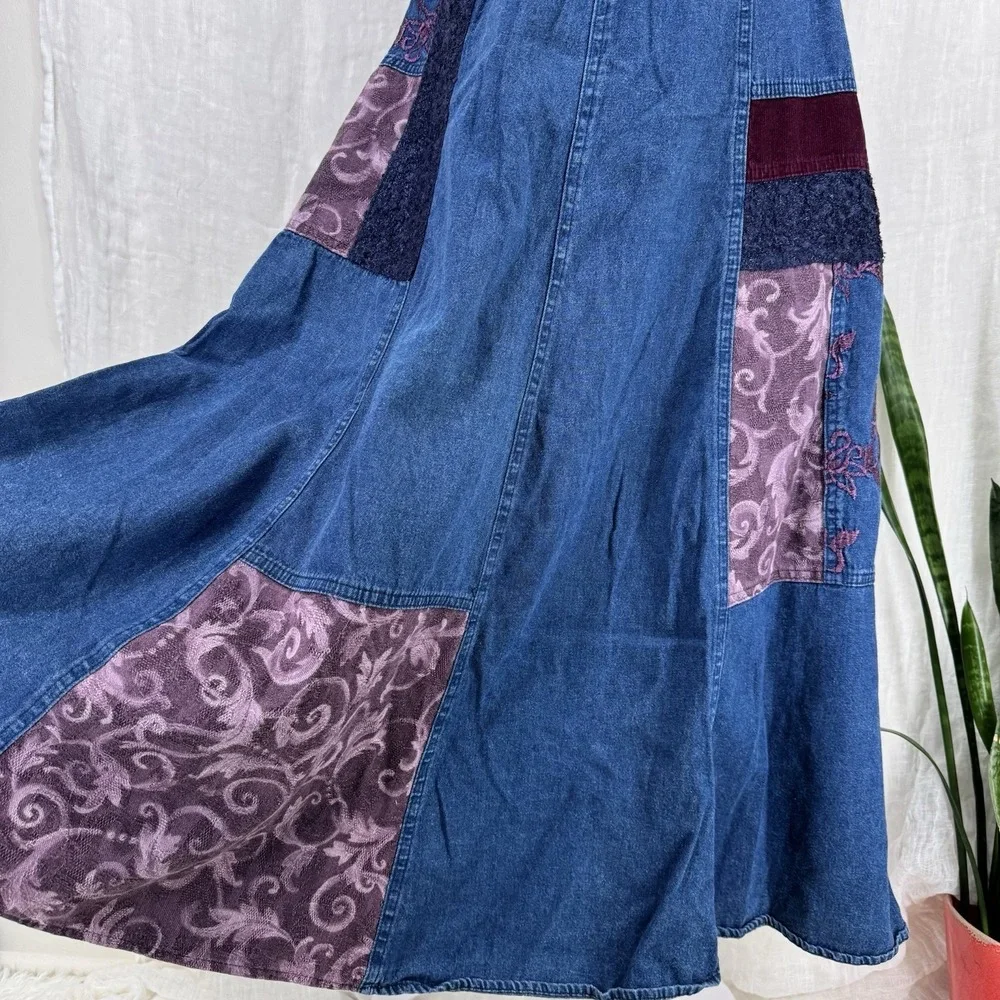 Denim Patchwork Midi Skirt M Cottage Boho Hippie Indie Granny Peasant Vtg 90s - Picture 2 of 4